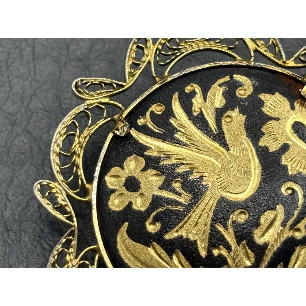 Vintage Damascene Bird Black Enamel Flower Brooch Filigree Gold Tone